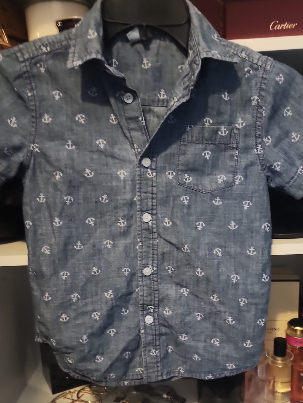 Boy's Blue Anchor-Print Short Sleeve Shirt